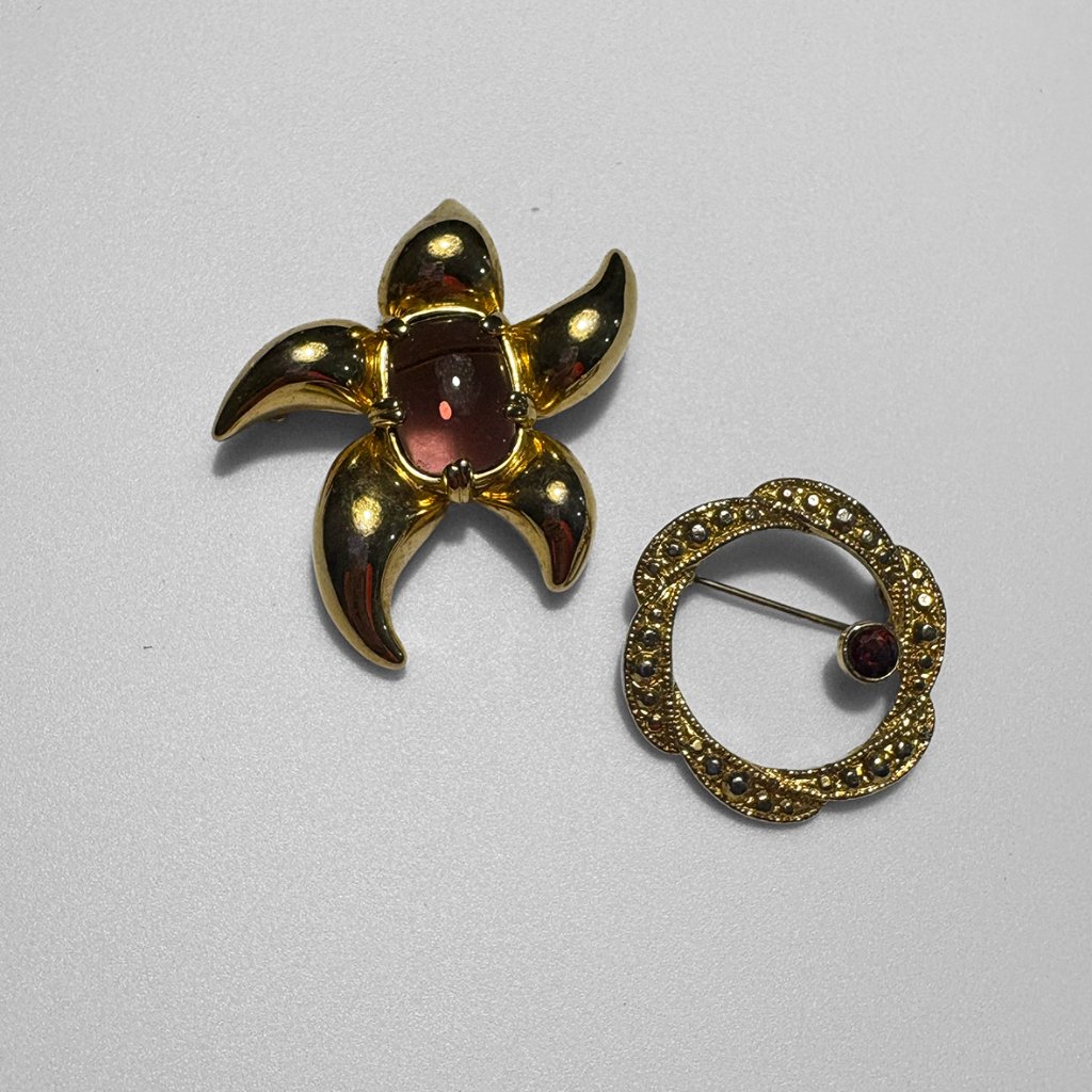 Vintage Brooch Set Signed Pierre Cardin Starfish + Gold Tone Burgundy Gem